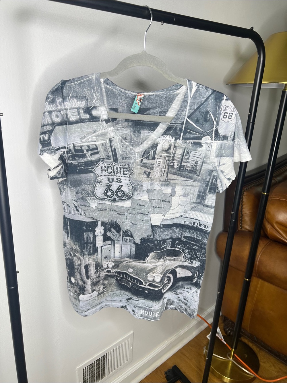 Vintage Big bang  Route 66 Grey Graphic V-Neck Tee